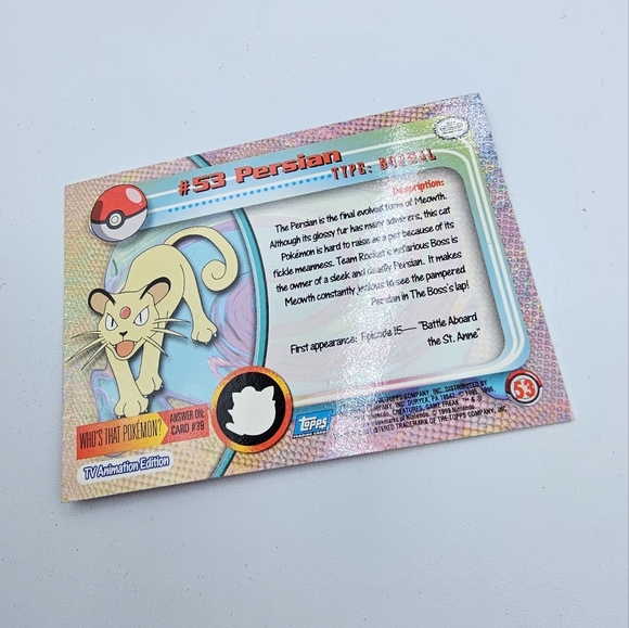 Pokemon 1999 TOPPS Persian #53 Blue Logo TV Animation Edition Card - Picture 3 of 4